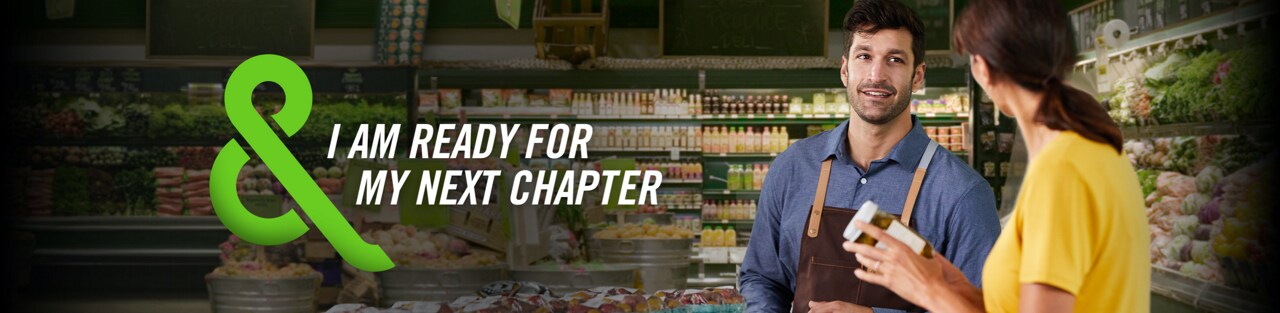 Image of a happy woman in a blue shirt with text that says – I AM READY FOR MY NEXT CHAPTER